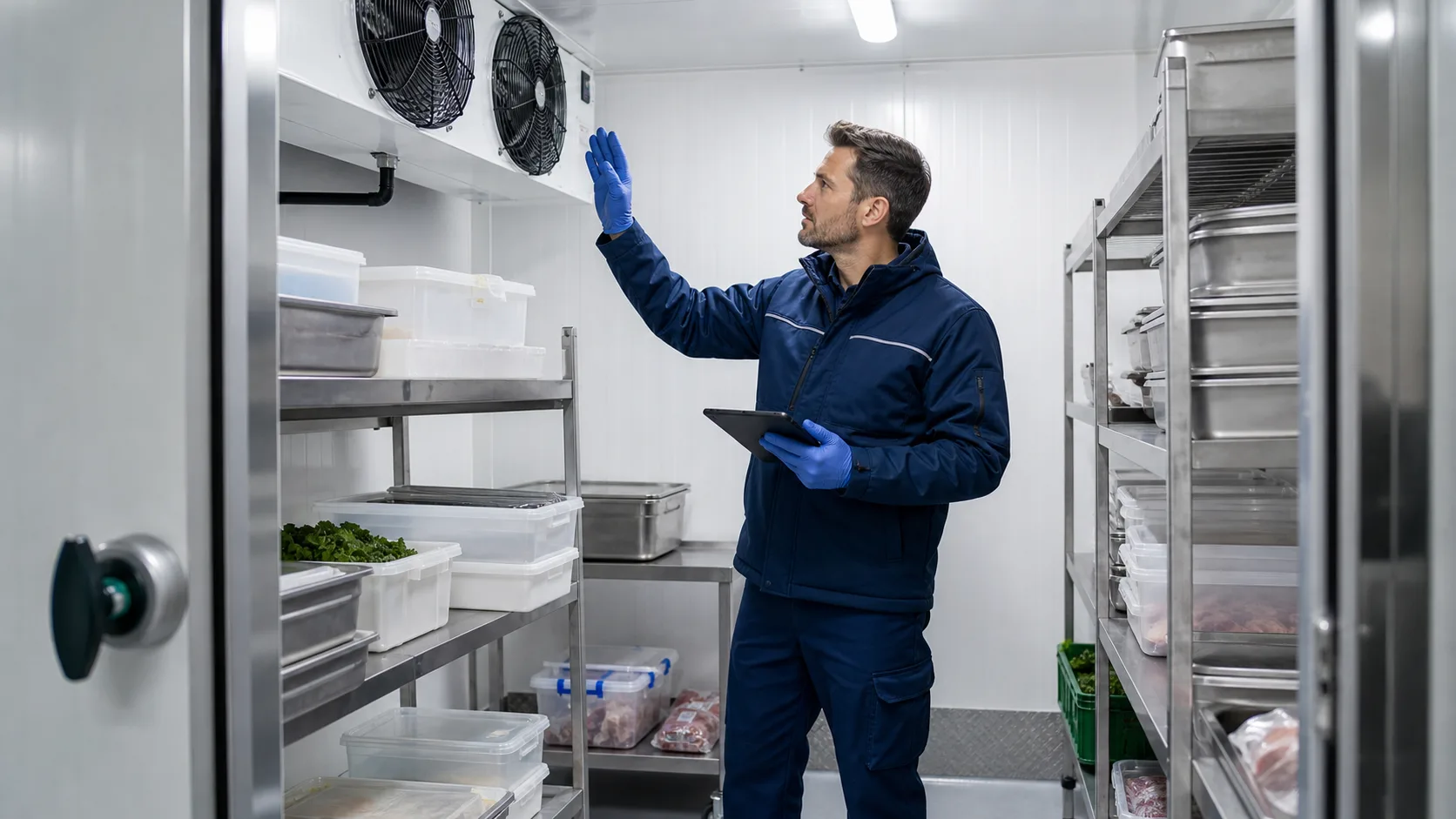 Mitarbeiter prüft Hygiene und Luftführung in einem gewerblichen Kühlraum