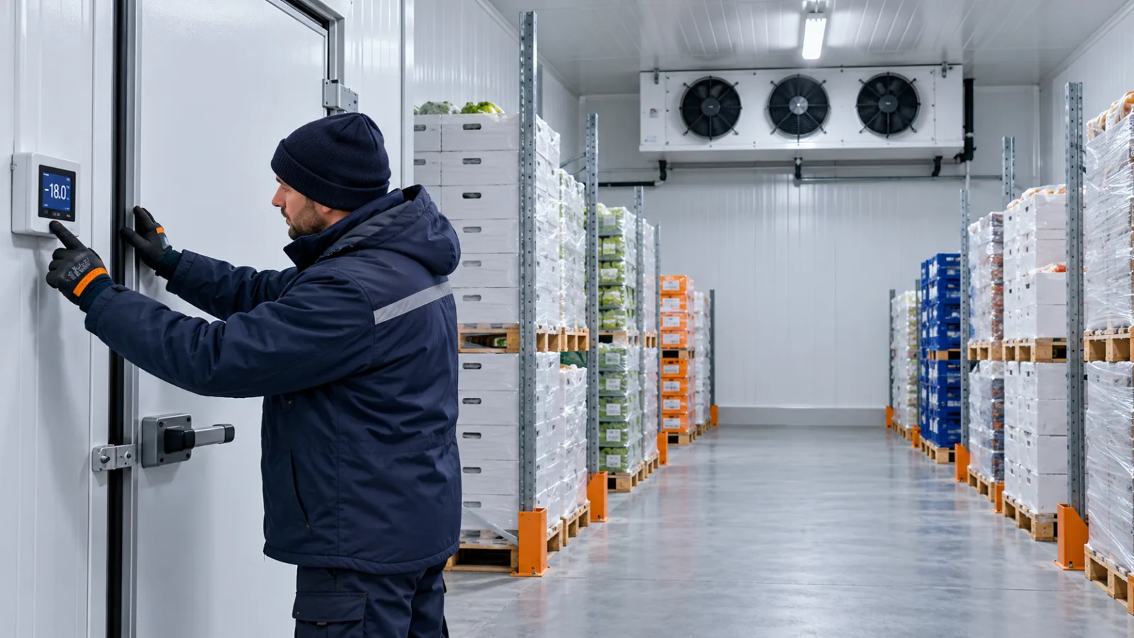 Techniker kontrolliert Türdichtung und Temperaturanzeige an einem gewerblichen Kühlraum mit freien Luftwegen