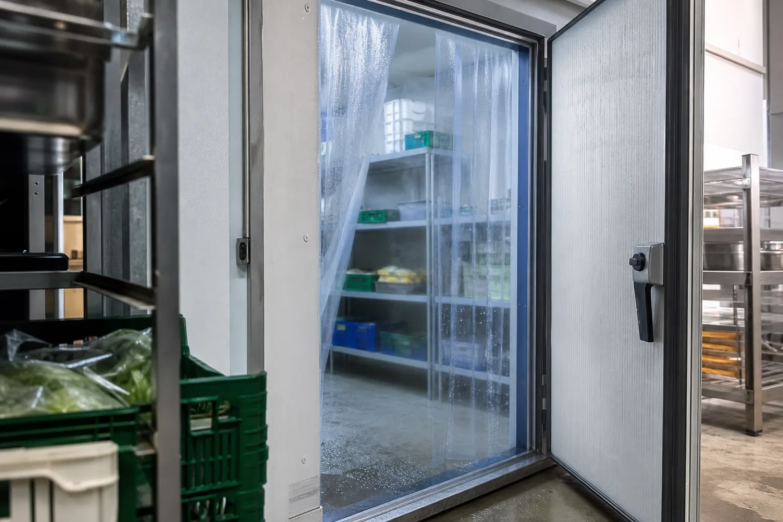 Kuehlraumtuer mit Streifenvorhang und geoeffnetem Zugang, ueber den warme Luft in einen gewerblichen Kuehlraum eintritt