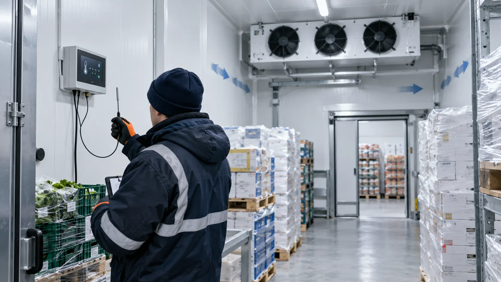 Kühlraum mit Palettenlagerung, Temperaturmonitoring und freiem Verdampfer
