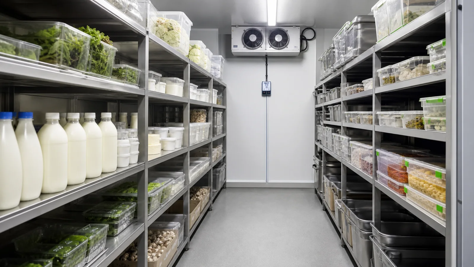 Gastronomie-Kuehlraum mit getrennten Regalen fuer Fleisch, Milchprodukte und vorbereitete Speisen
