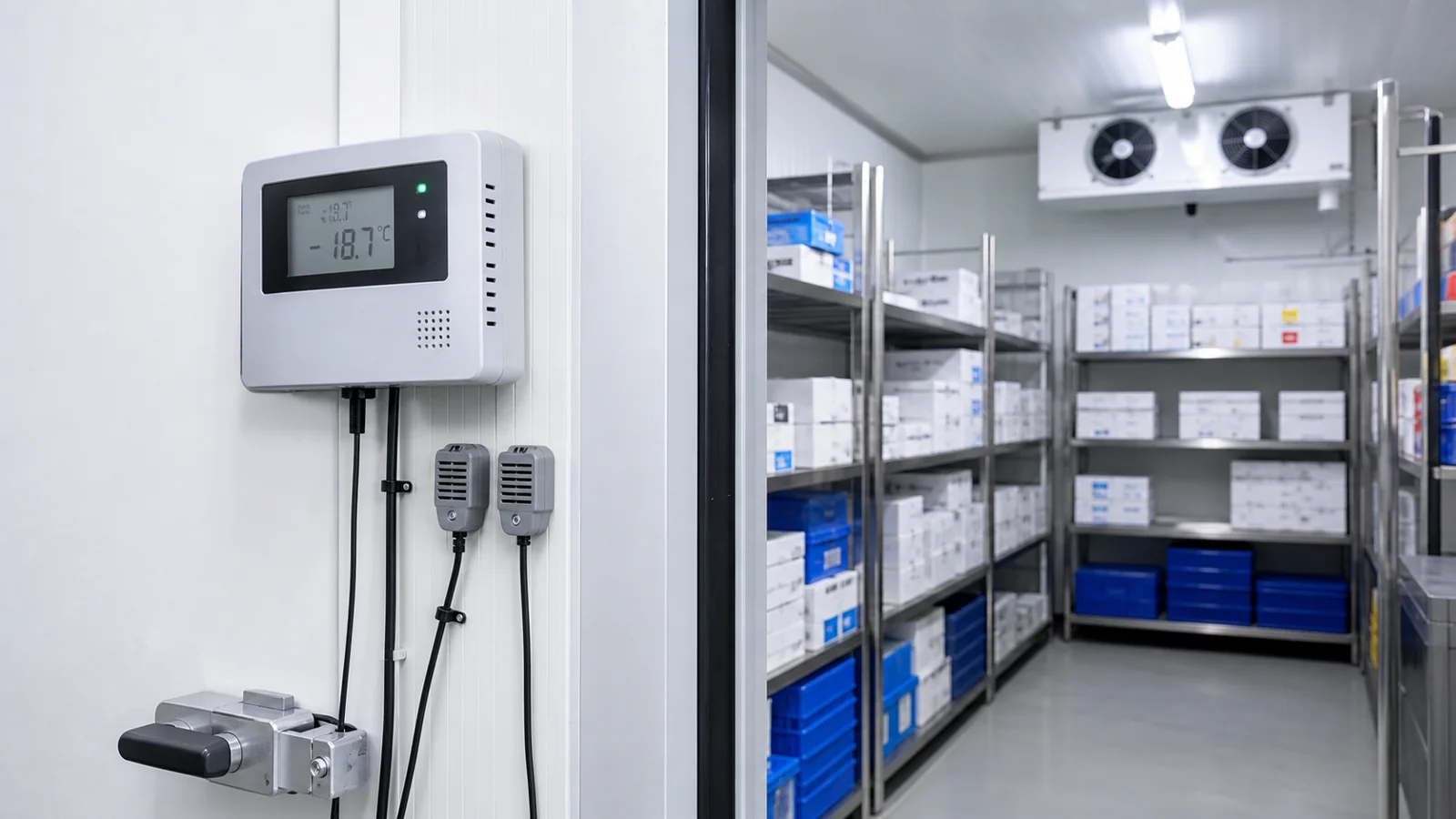 Temperaturfuehler und Datenlogger in einem Kuehlraum mit gestapelter Ware und Luftstromzonen