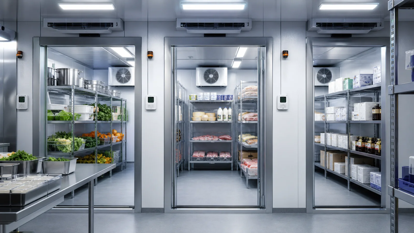 Kuehlraum mit getrennten Lagerzonen fuer Lebensmittel und temperaturgefuehrte Produkte
