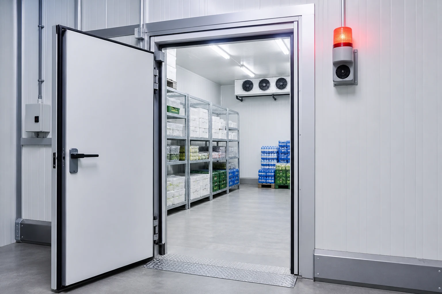 Begehbarer Kühlraum mit geöffneter Tür, gut sichtbarer Alarmleuchte und sauberem Lagerumfeld für Lebensmittelbetriebe