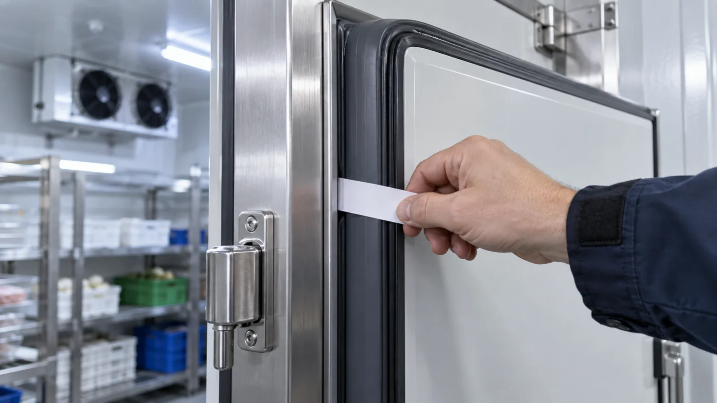 Papierstreifen-Test an der Dichtung einer gewerblichen Kühlraumtür