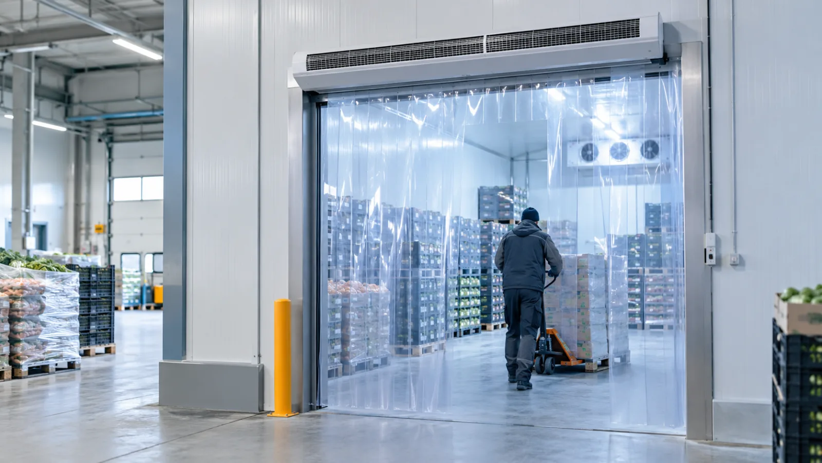 Kühlraumzugang mit Streifenvorhang und Luftschleier in einem Lebensmittel-Logistikbereich