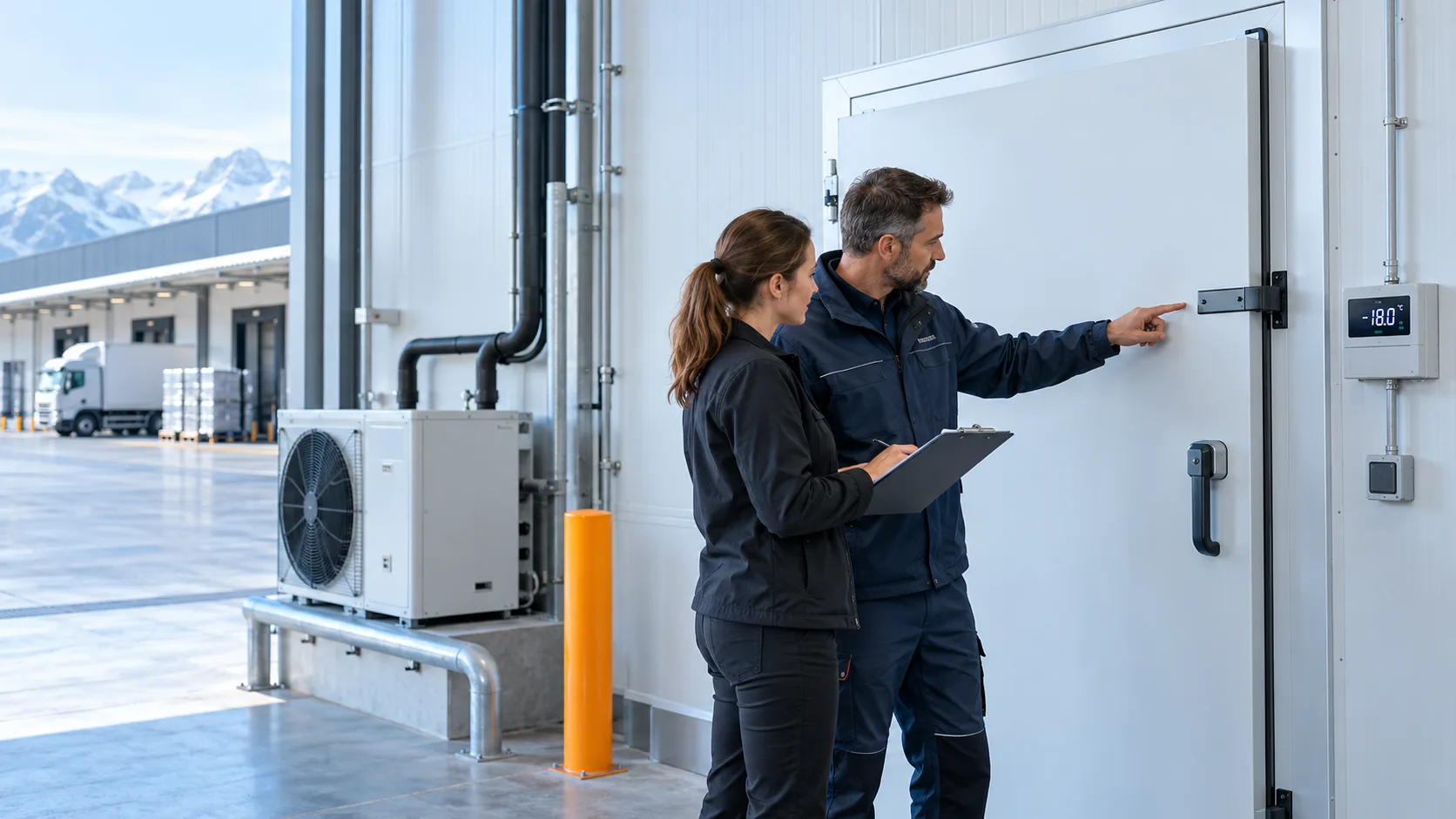 Technische Übergabe eines gewerblichen Kühlraums mit Temperaturanzeige