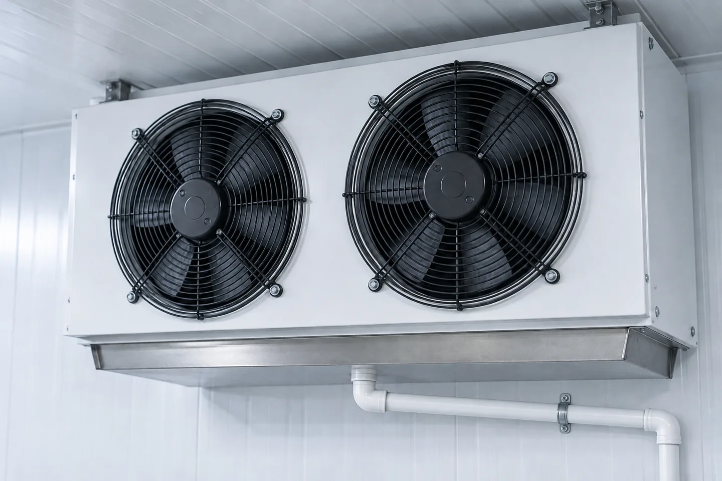 Zwei Ventilatoren hinter geschlossenen Schutzgittern an einem Kühlraum-Verdampfer