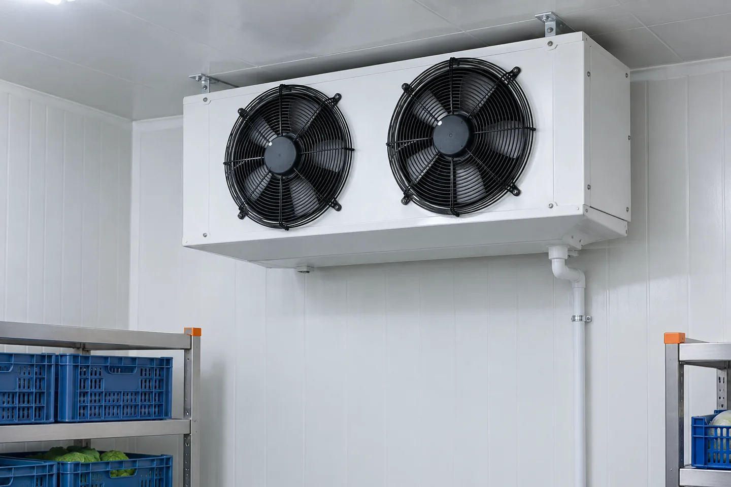 Deckenverdampfer mit zwei geschützten Ventilatoren und angeschlossenem Kondensatablauf im Kühlraum
