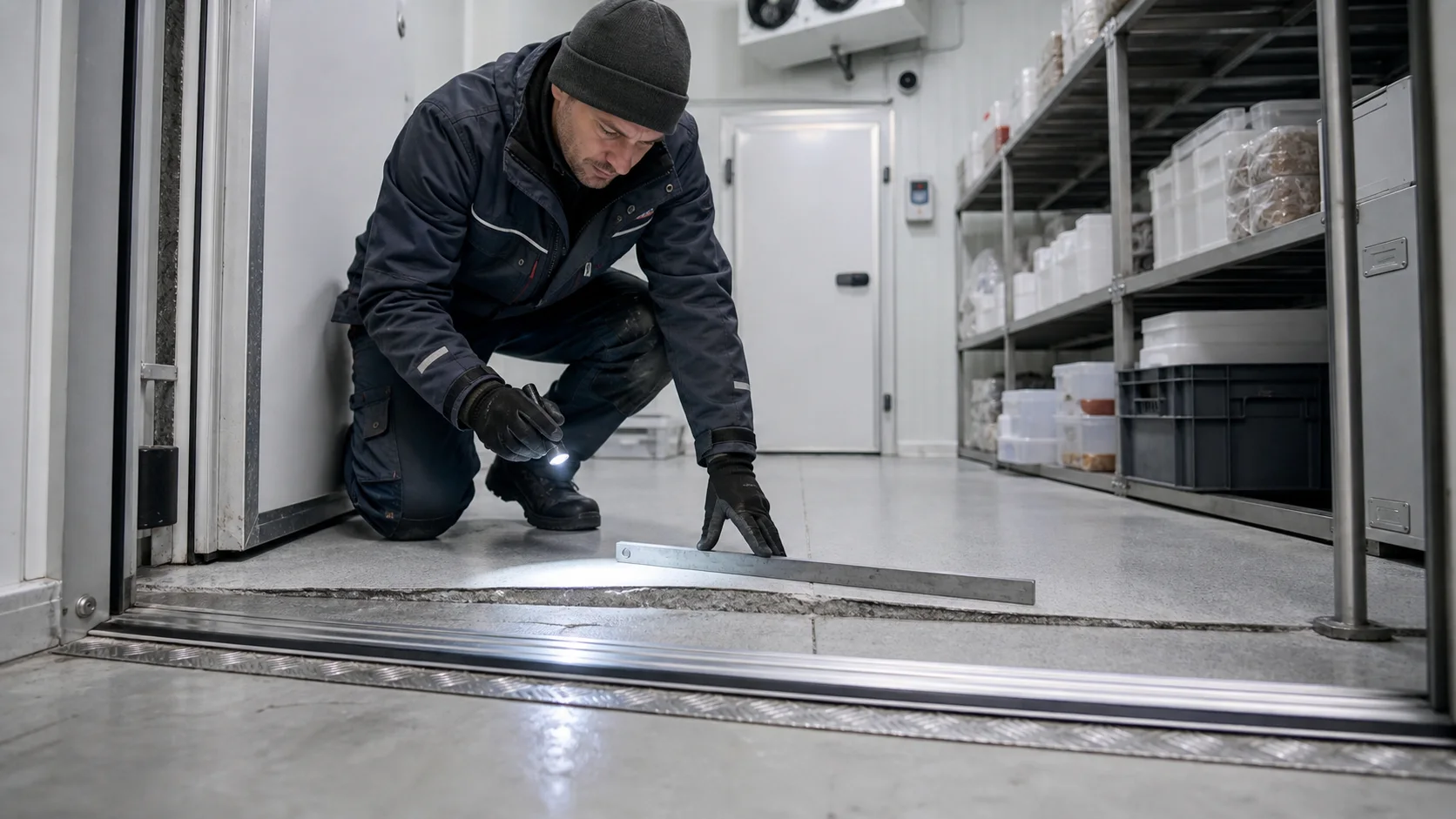 Technisches Erklaerbild eines gewerblichen Kuehlraums mit angehobener Bodenstelle, Messung und frostkritischer Schwelle