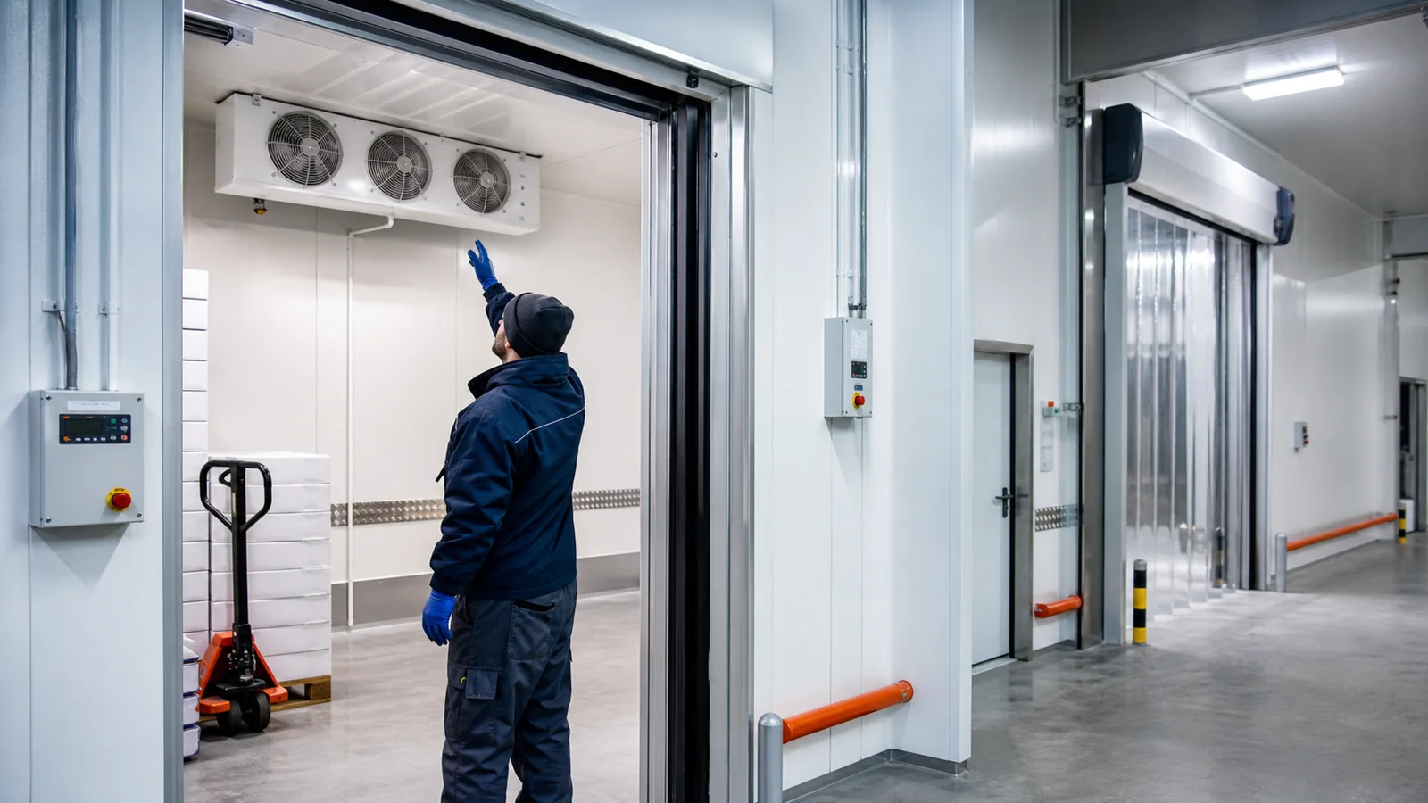 Gewerblicher Kuehlraum mit vereister Tuerdichtung und technischer Pruefung