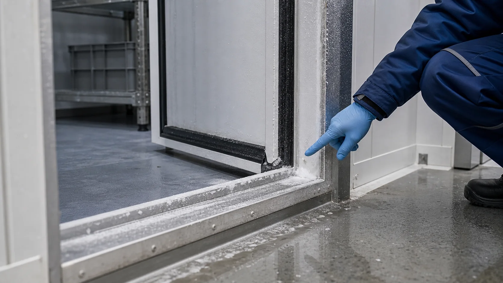 Kuehlraumtuer mit leichtem Eisansatz an Schwelle und Rahmen waehrend einer technischen Pruefung