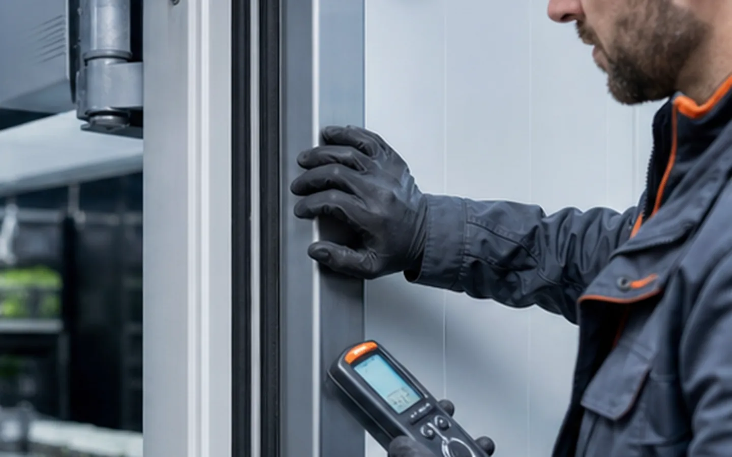 Techniker kontrolliert Dichtung und Druckausgleich an einer Kühlraumtür