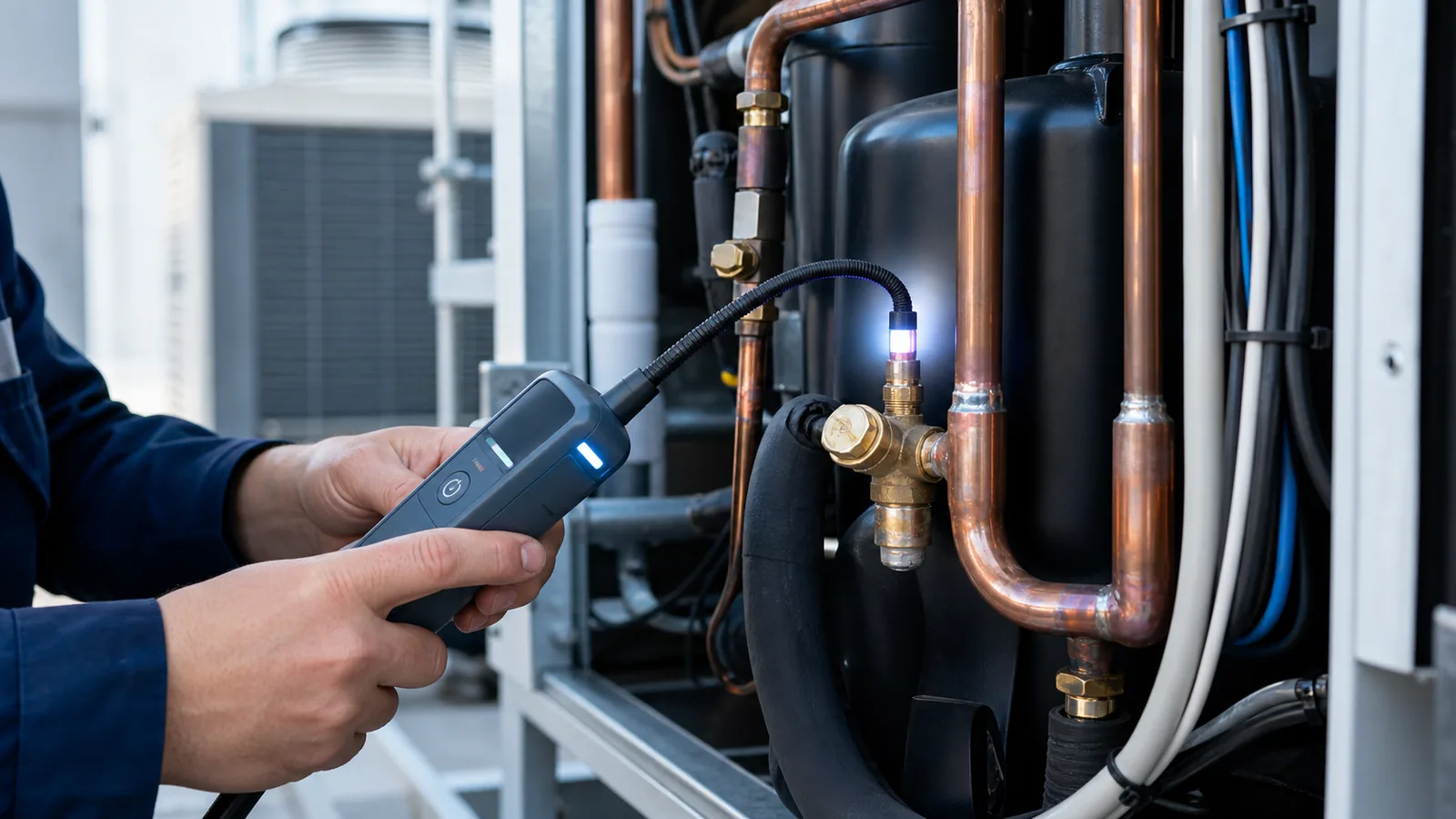 Techniker prüft mit einem elektronischen Lecksuchgerät Verbindungen und Ventile an einer Kälteleitung