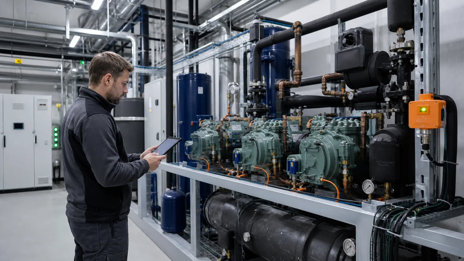 Maschinenraum einer Kälteanlage mit fest installierten Leckage-Detektoren und sauberem Monitoring