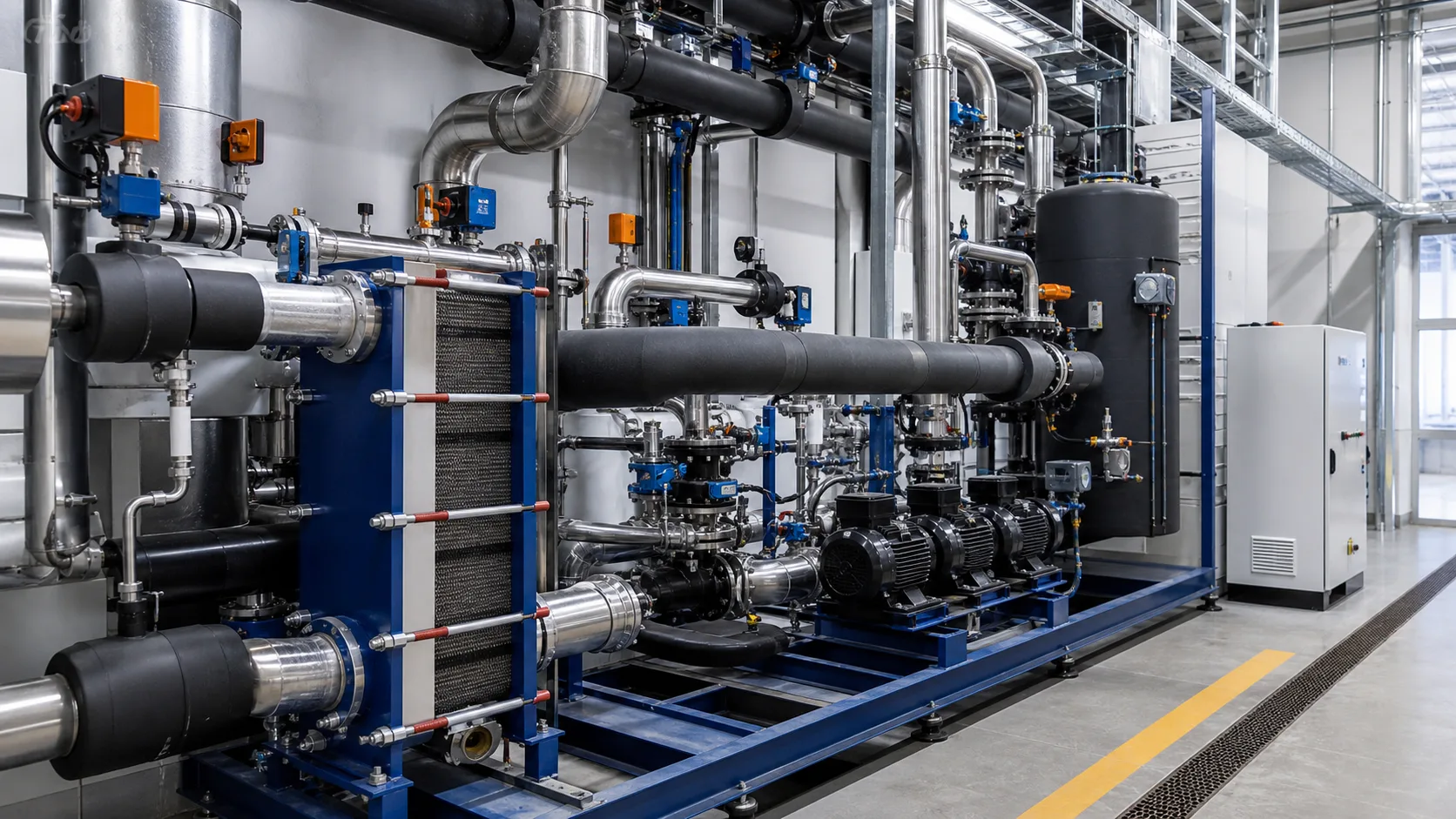 Prozesskühlungs-Skid mit Wärmetauscher, Pumpen und gedämmten Leitungen in einem industriellen Technikraum