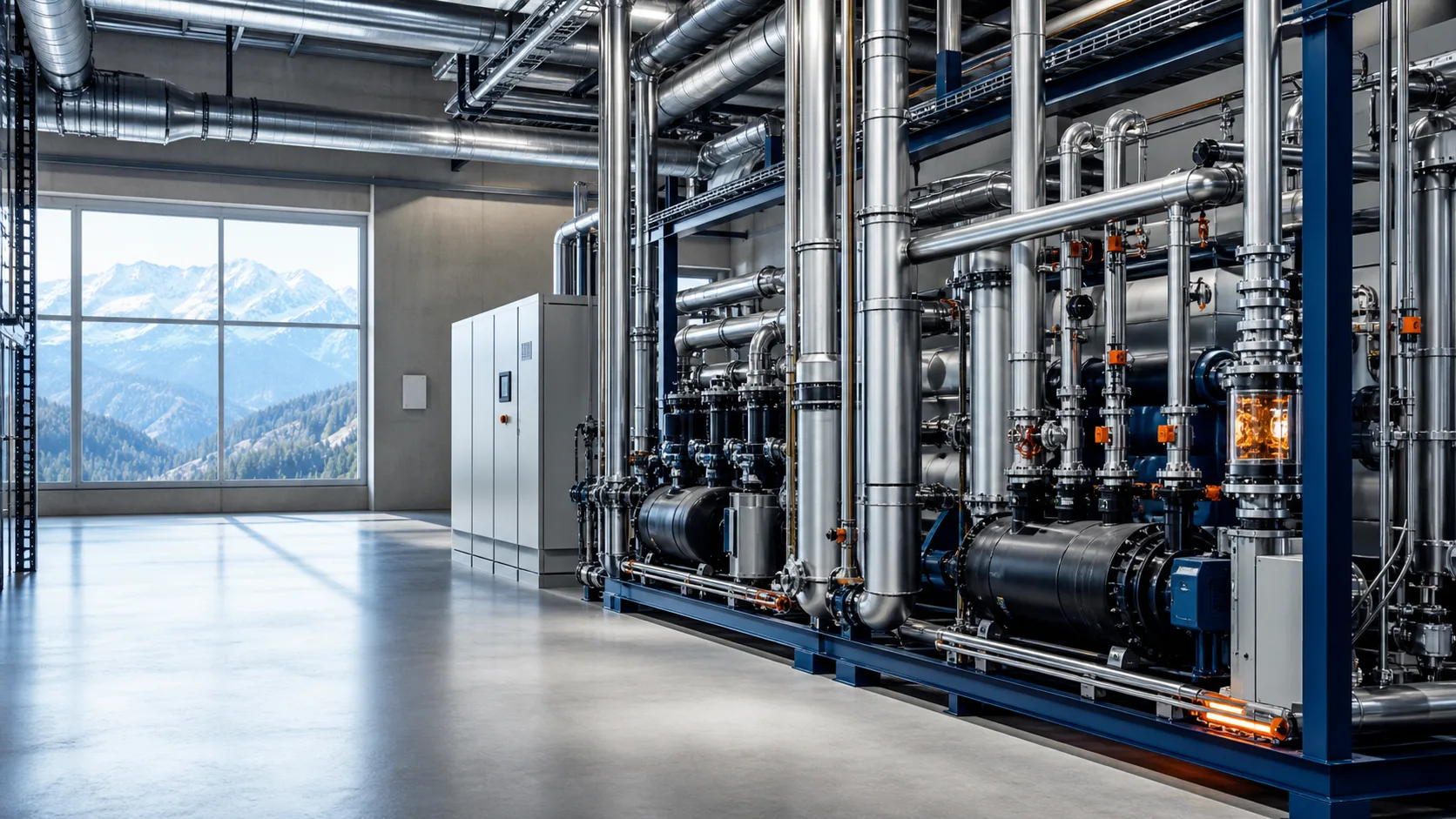 Industrieller Technikraum mit Prozesskühlung, gedämmten Leitungen und Chiller-Komponenten in sauberem Anlagenlayout