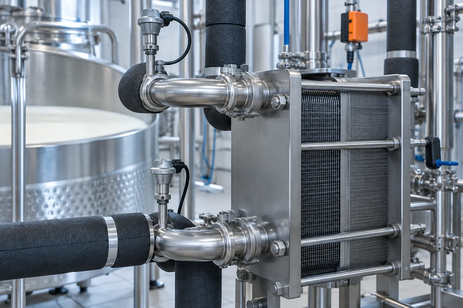 Plattenwärmetauscher und Temperaturfühler einer hygienischen Milchkühlung