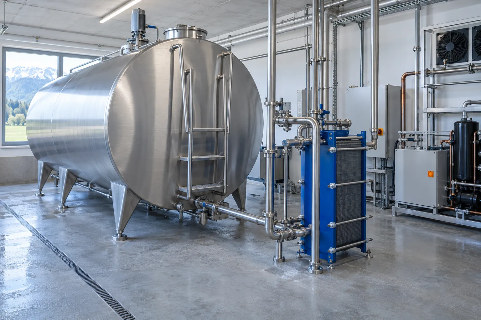 Edelstahl-Milchtank mit Plattenkühler und Kältetechnik in einem hygienischen Betriebsraum