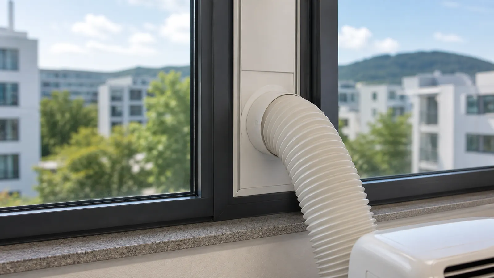 Abluftschlauch einer mobilen Klimaanlage ist an ein Fensterabdichtungs-Kit angeschlossen; das Fenster ist sauber abgedichtet