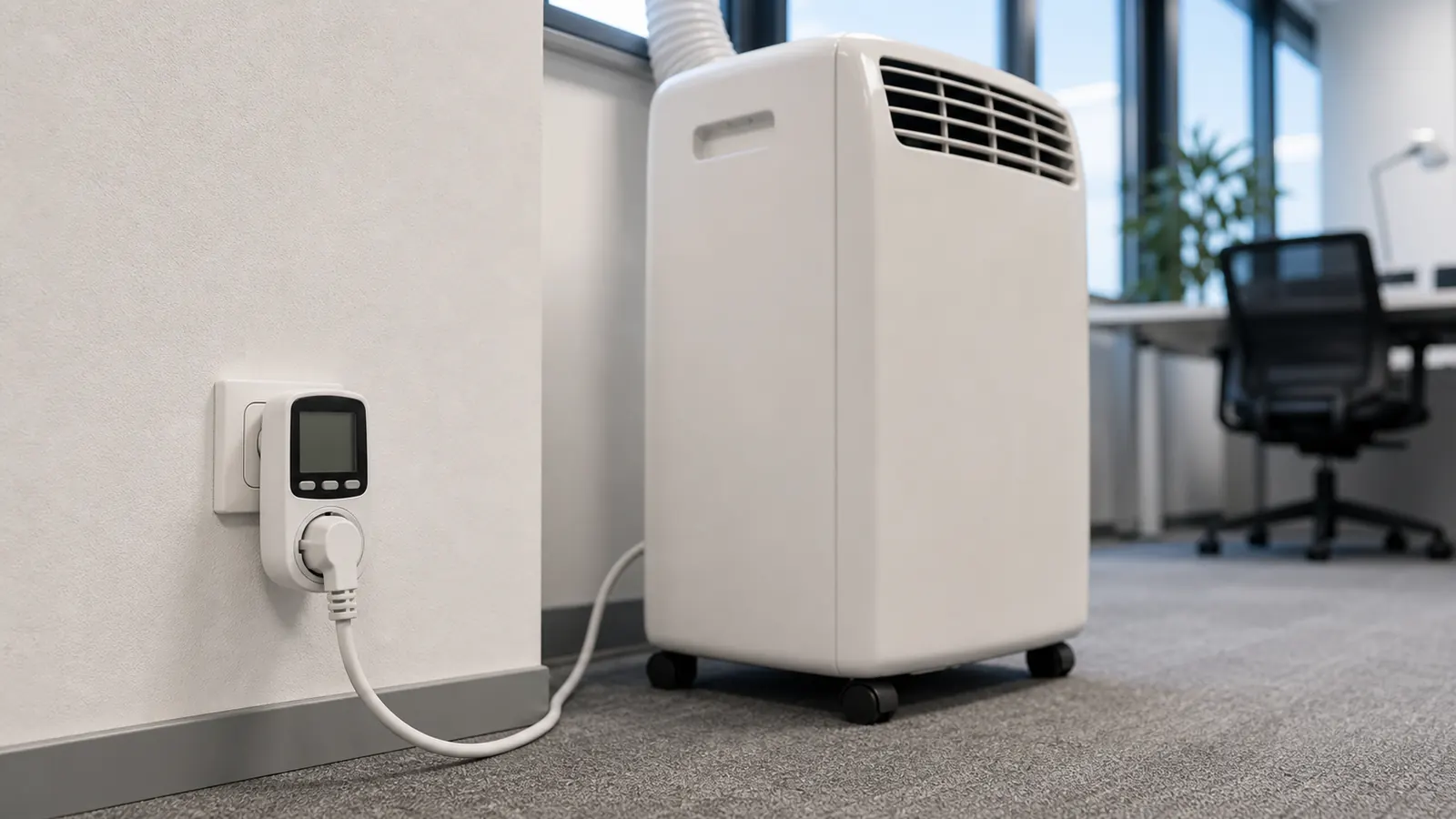 Mobile Klimaanlage ist über einen Energiemesser an die Steckdose angeschlossen; Stromverbrauch kann im Betrieb kontrolliert werden