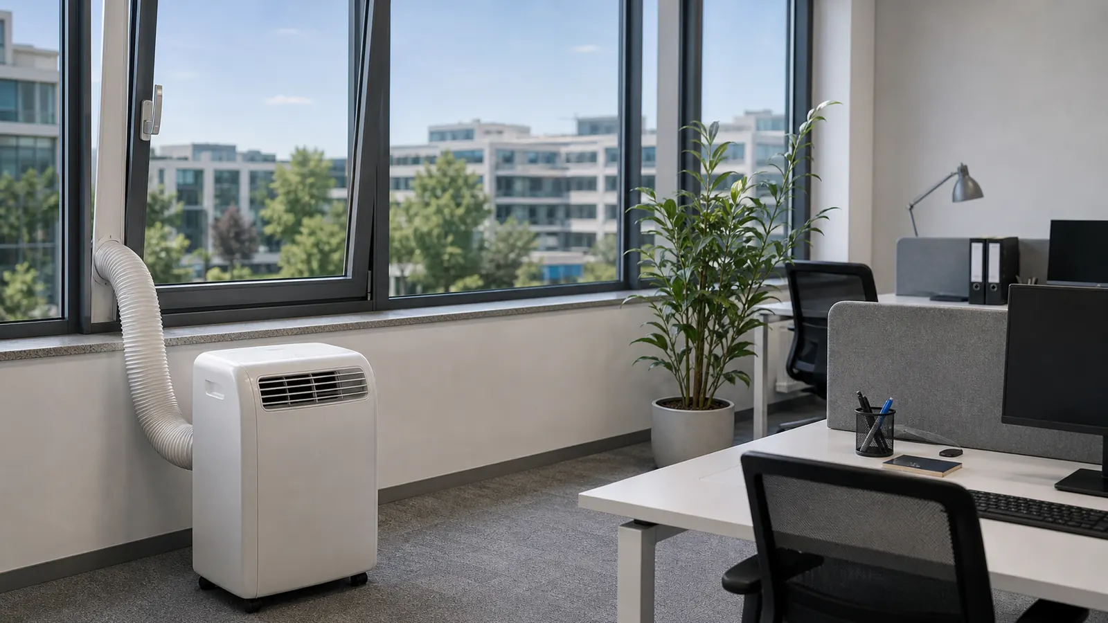 Mobile Klimaanlage im Büro mit Abluftschlauch zum Fenster; das Gerät steht neben einem Arbeitsplatz und ist korrekt an ein Fensterkit angeschlossen