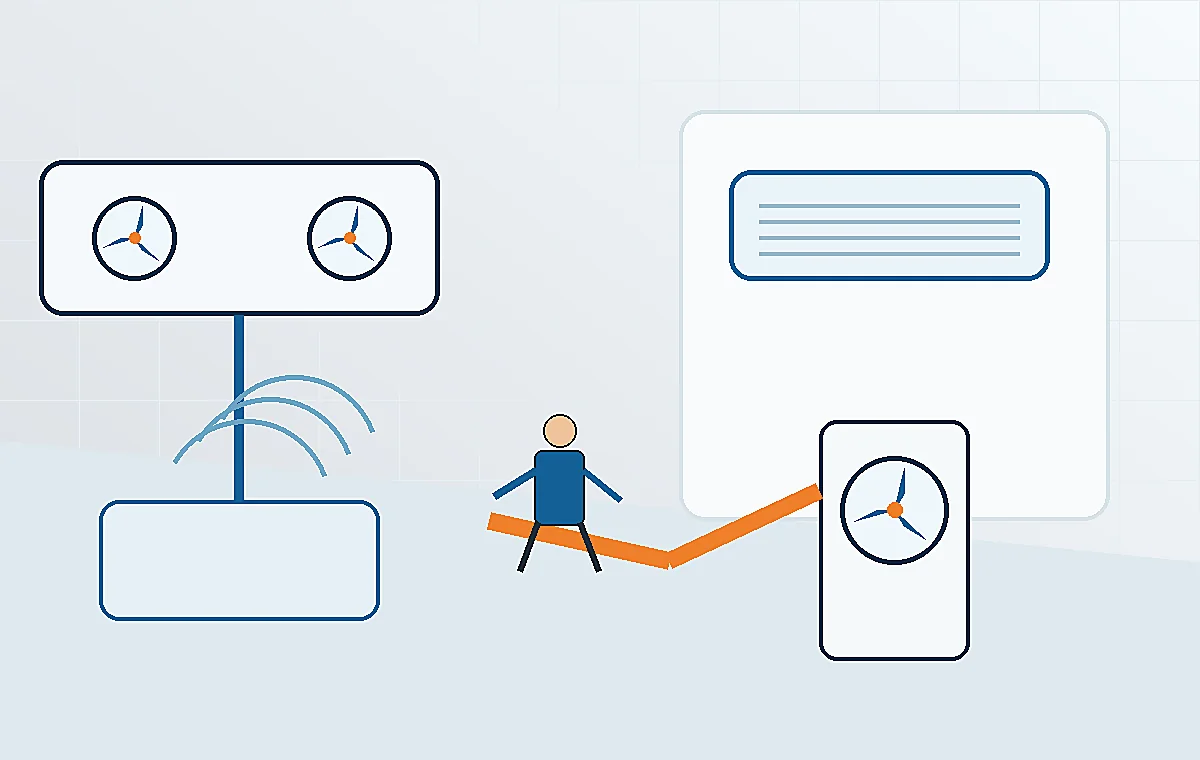 Technische Illustration einer festen Split-Klimaanlage mit geordnetem Leitungsweg und Wartungszugang