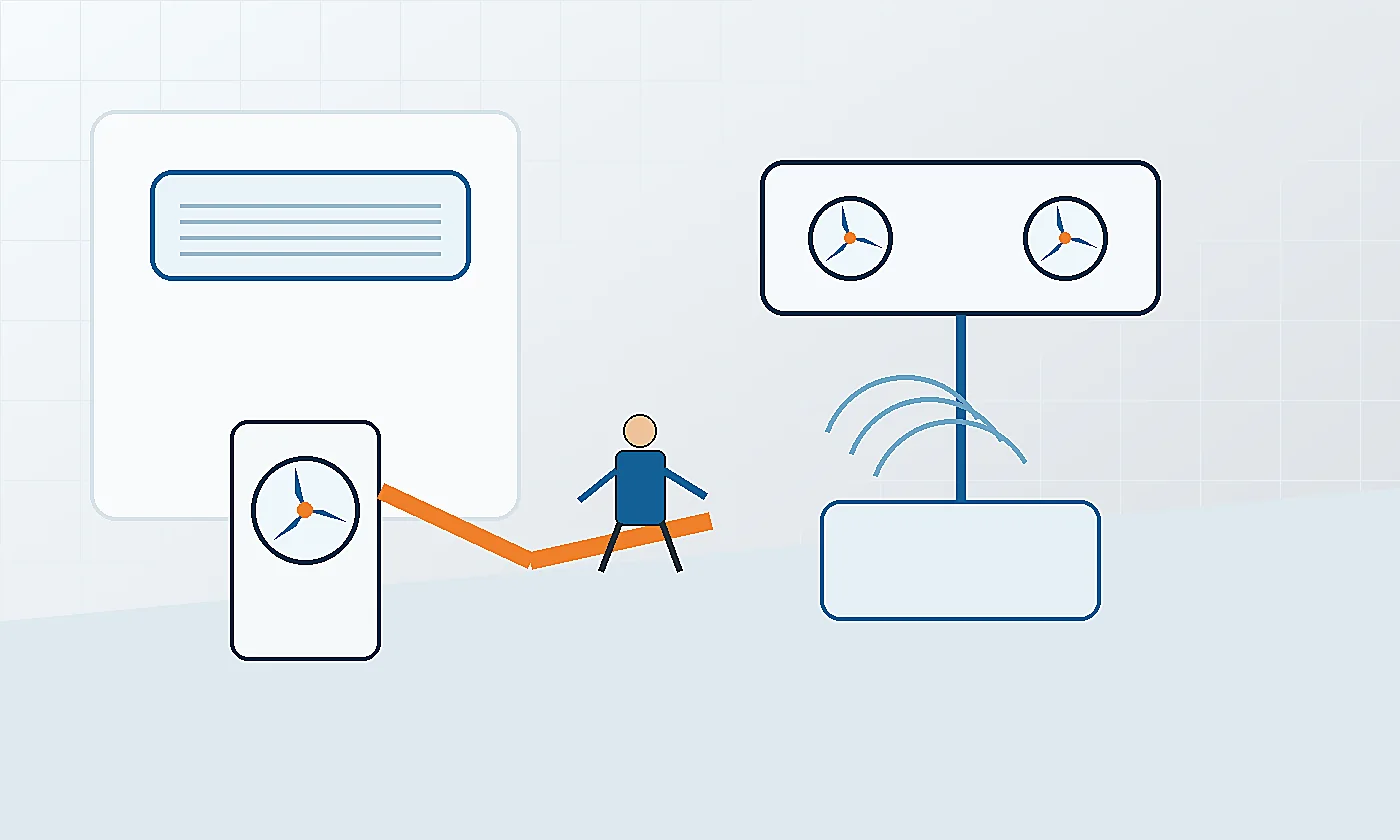 Technische Illustration einer mobilen Split-Klimaanlage im Büro im Vergleich zu einer fest montierten Inneneinheit