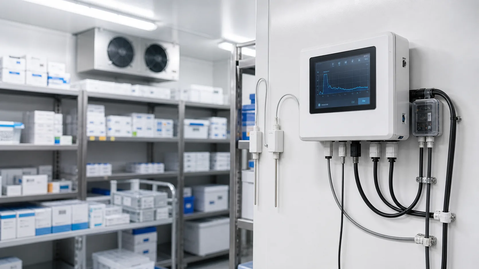 Datenlogger und Temperaturmonitoring in einem Pharmakühlraum mit digitalem Dashboard und gekennzeichneten Lagerzonen