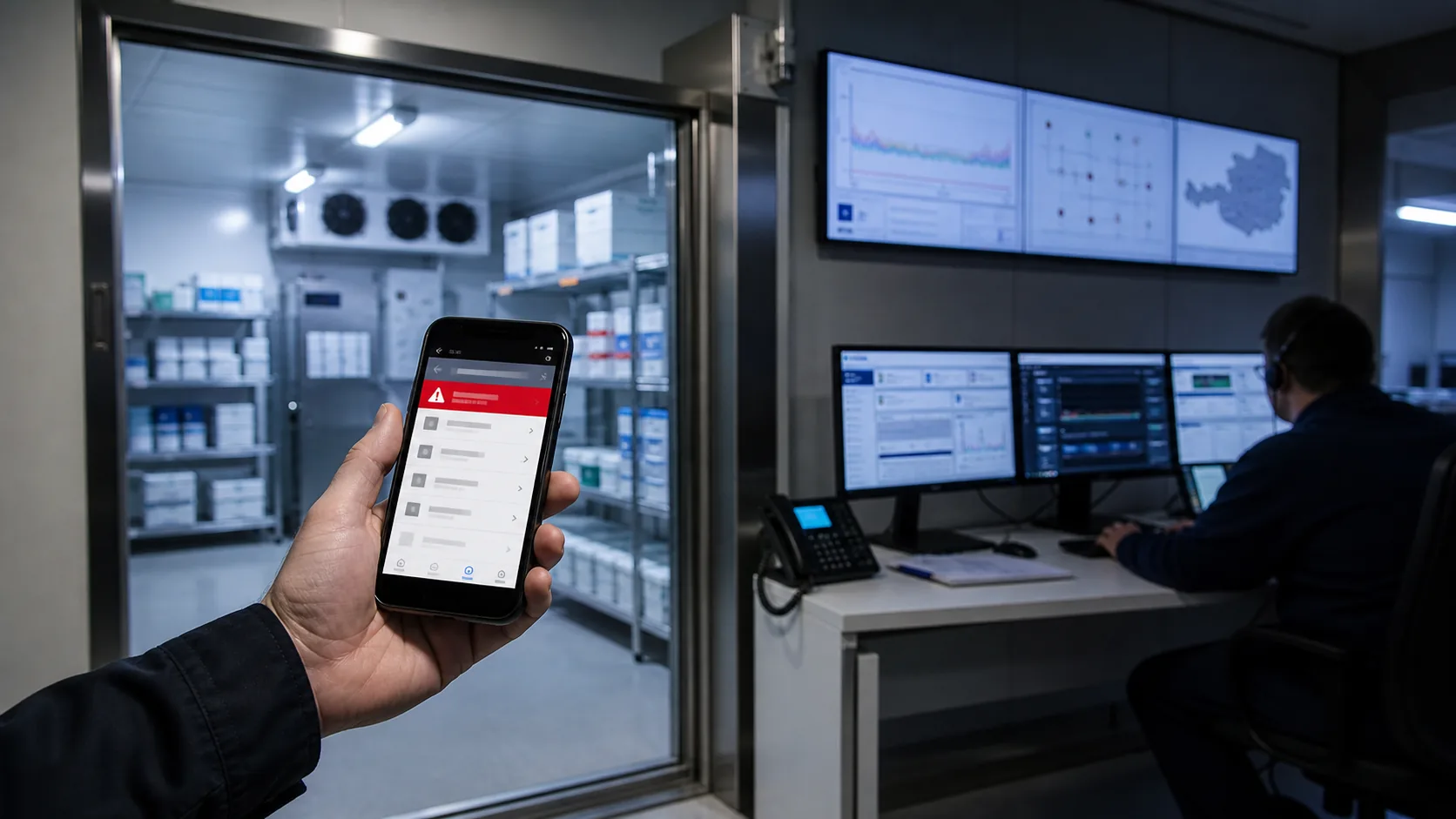 Digitale Alarmmeldung und Bereitschaftsreaktion für einen Pharmakühlraum mit Smartphone-Benachrichtigung und Kontrollraum-Dashboard