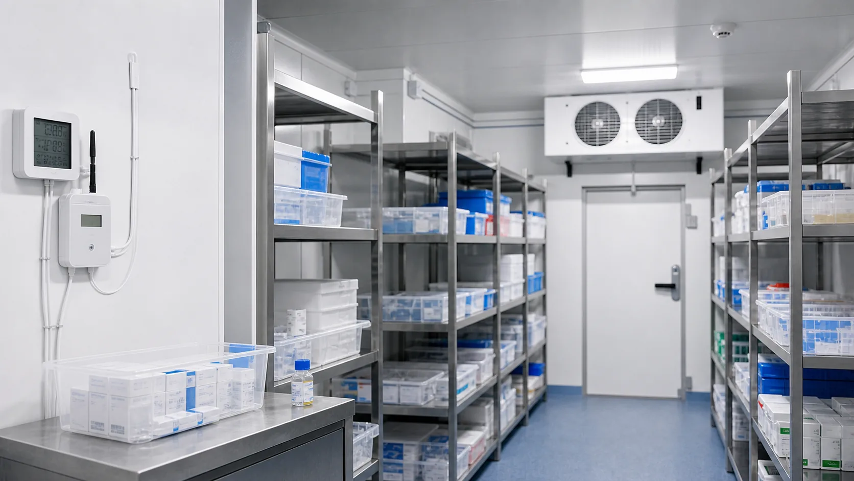 Moderner Pharmakühlraum mit Edelstahlregalen, Datenloggern und beleuchteter Temperaturanzeige in einem europäischen Logistik- oder Laborumfeld