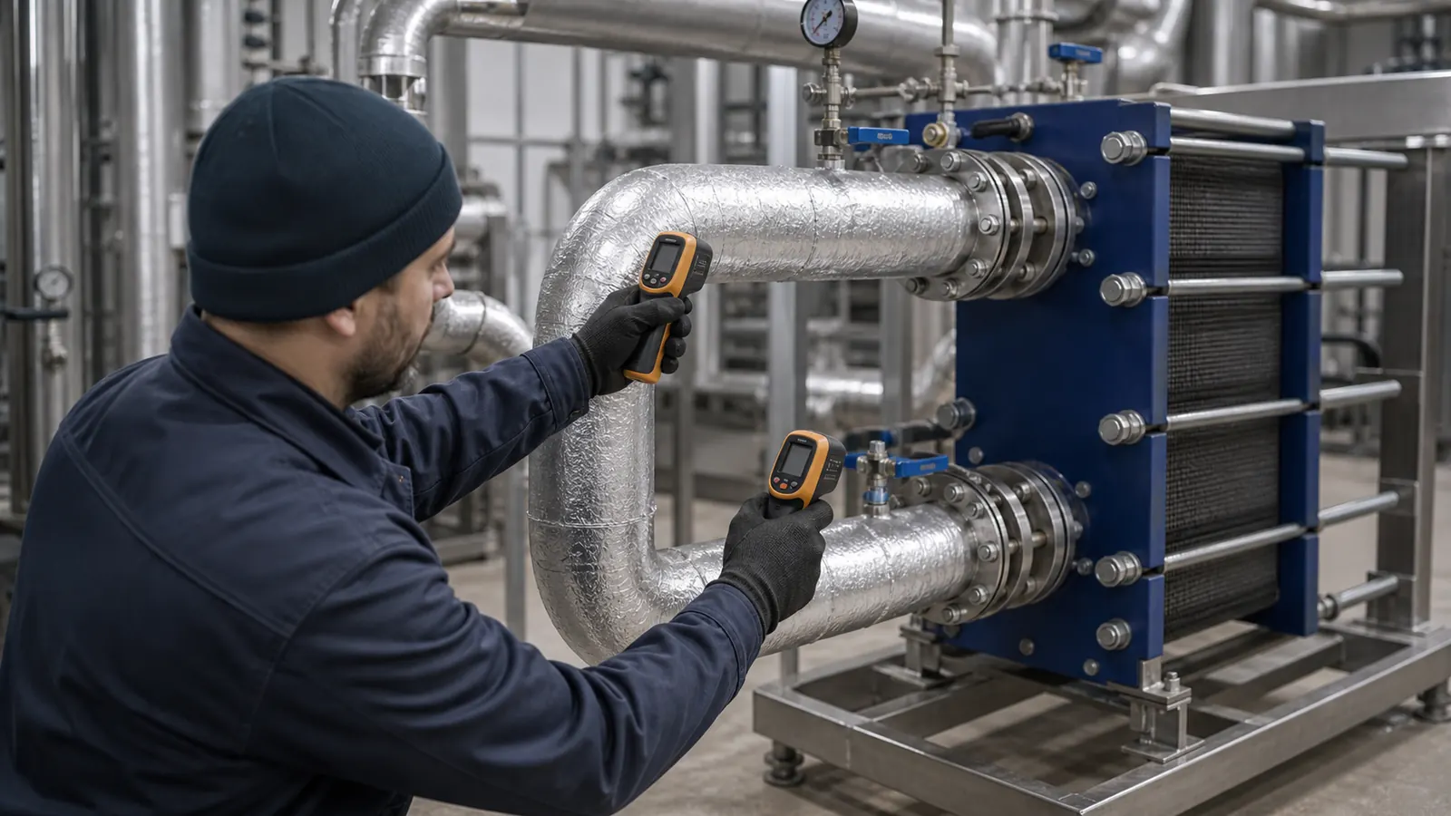 Techniker misst mit einem Thermometer die Temperaturen an zwei gedämmten Rohrleitungen neben einem Plattenwärmetauscher, um das Delta‑T zu prüfen