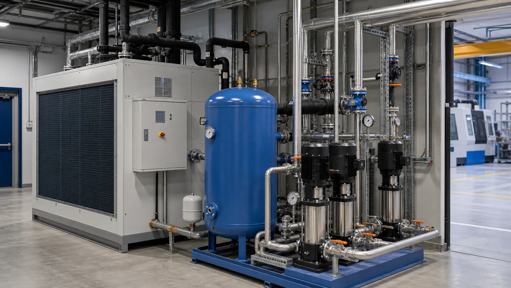 Industrieller Chiller mit Pufferspeicher und Pumpengruppe neben einer Fertigungsanlage
