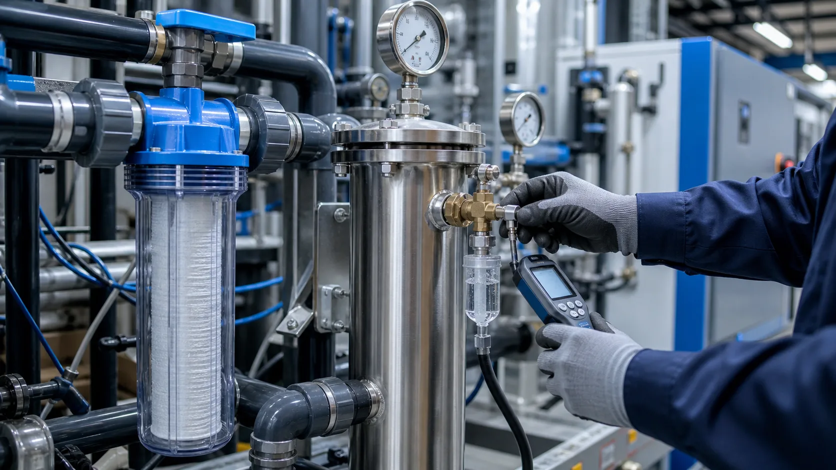 Nahaufnahme eines Wasserfilters und Messgeräts an einer industriellen Prozesskühlung