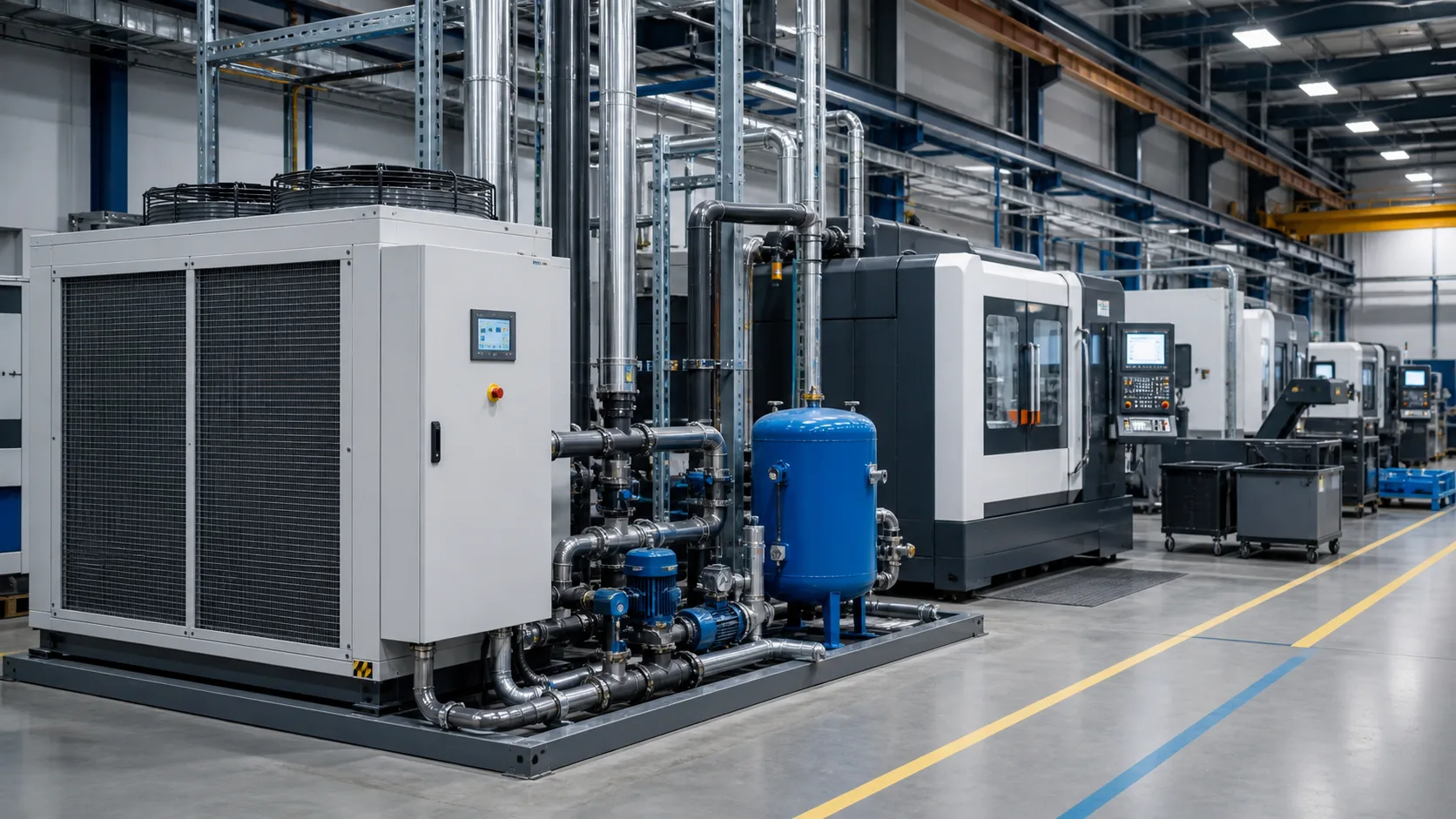 Produktionshalle mit CNC-Maschinen und Prozesskühlung über einen industriellen Chiller