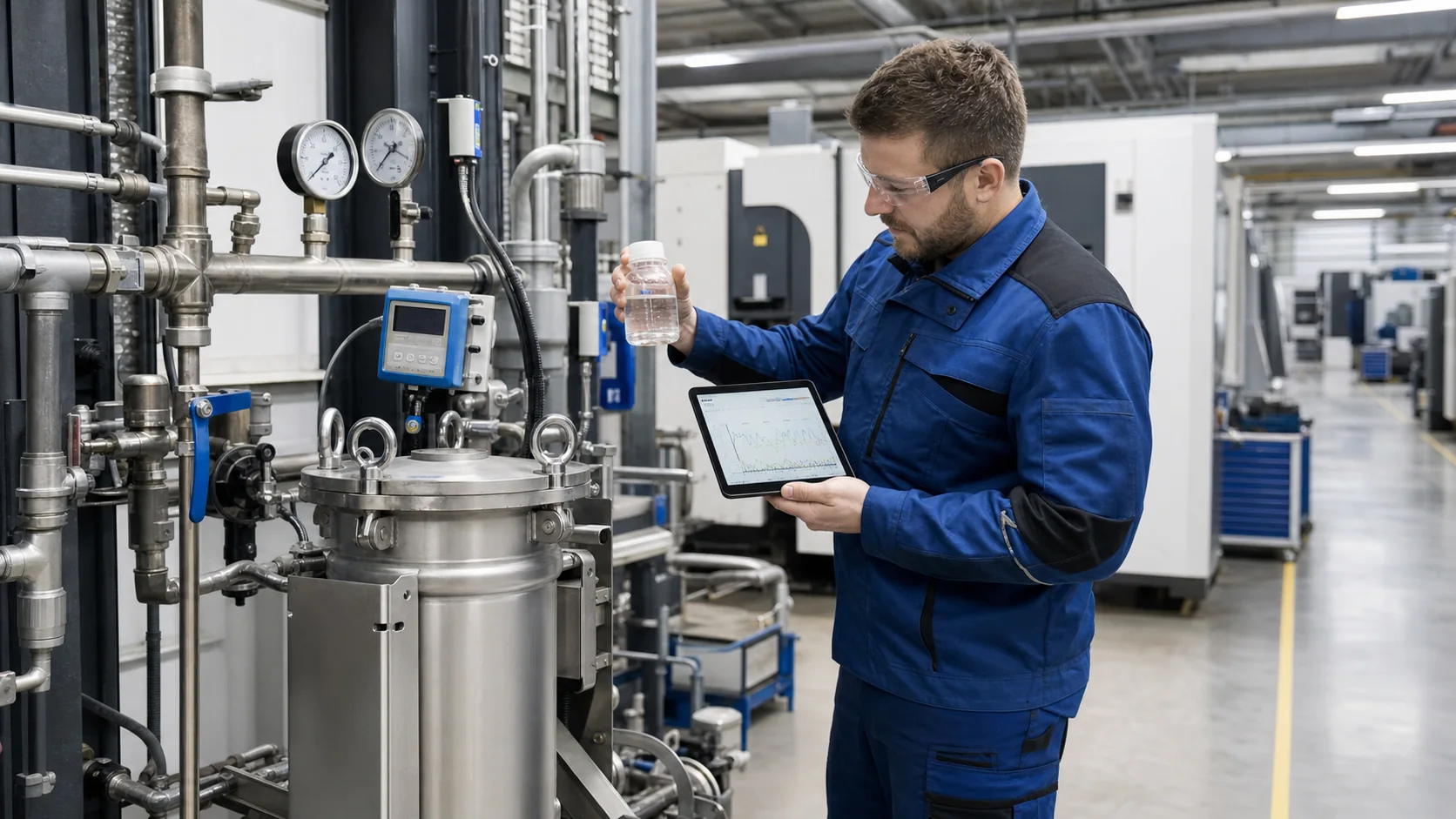 Techniker kontrolliert Temperatur- und Druckwerte an einer Prozesskuehlungsanlage in einer Extrusionshalle