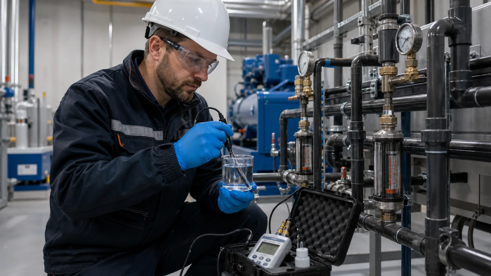 Techniker prueft Wasserprobe und Messgeraet an einem industriellen Prozesskuehlkreis mit Pumpen und Filtereinheiten