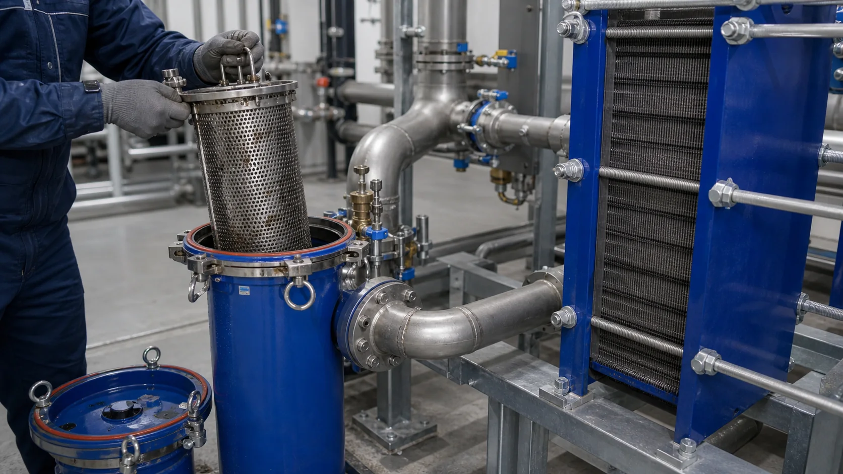 Geoeffneter industrieller Filterkorb neben Plattenwaermetauscher und Edelstahlrohrleitungen in einer Prozesskuehlanlage