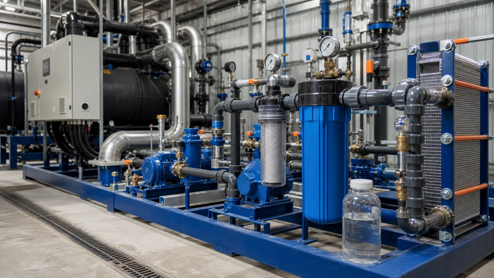 Industrielle Prozesskuehlung mit Chillerkreis, Filtration und Wasserbehandlung in einem sauberen Anlagenraum