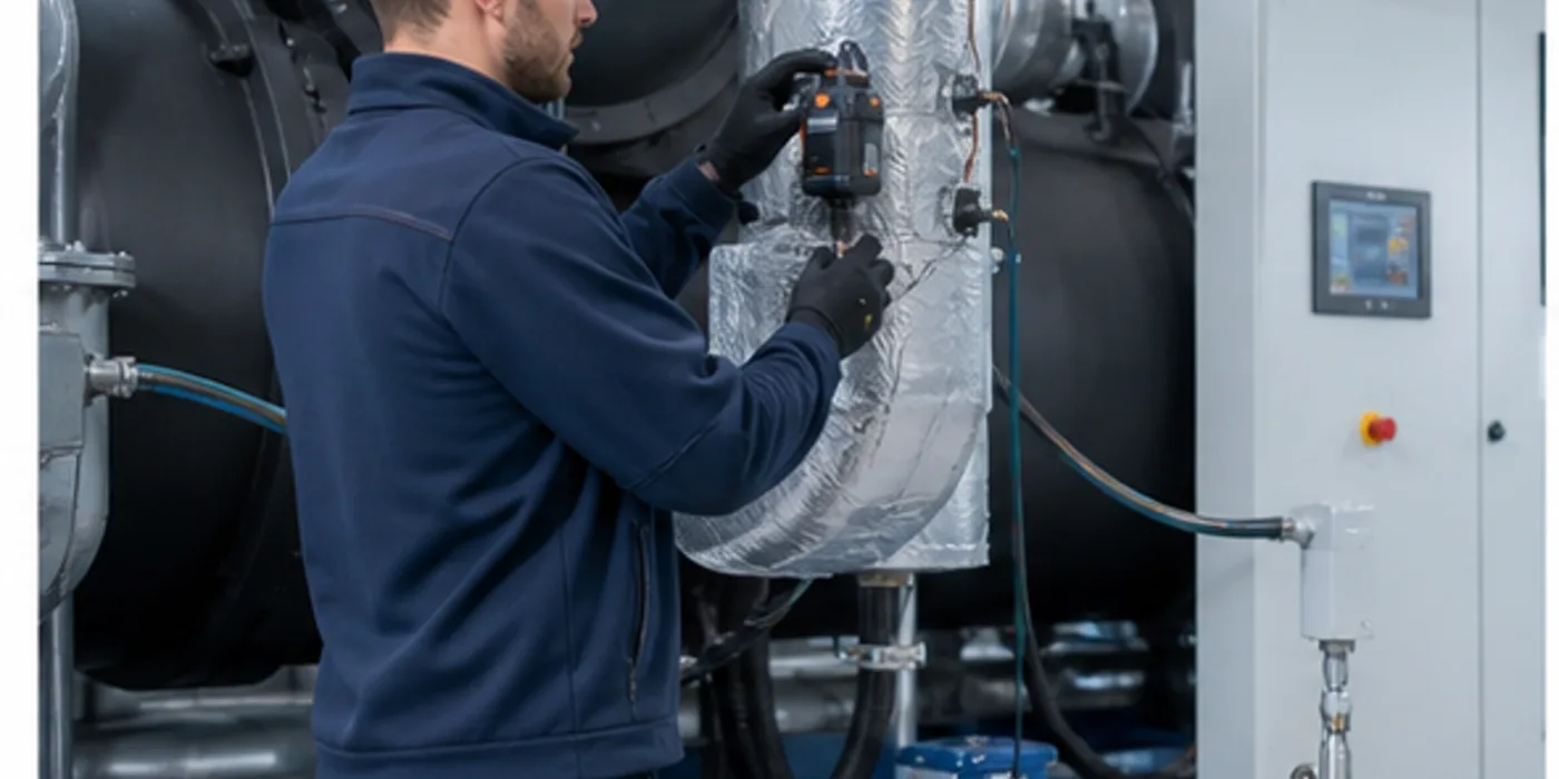 Techniker montiert Datenlogger an einer industriellen Prozesskühlung mit Chiller und Rohrleitungen