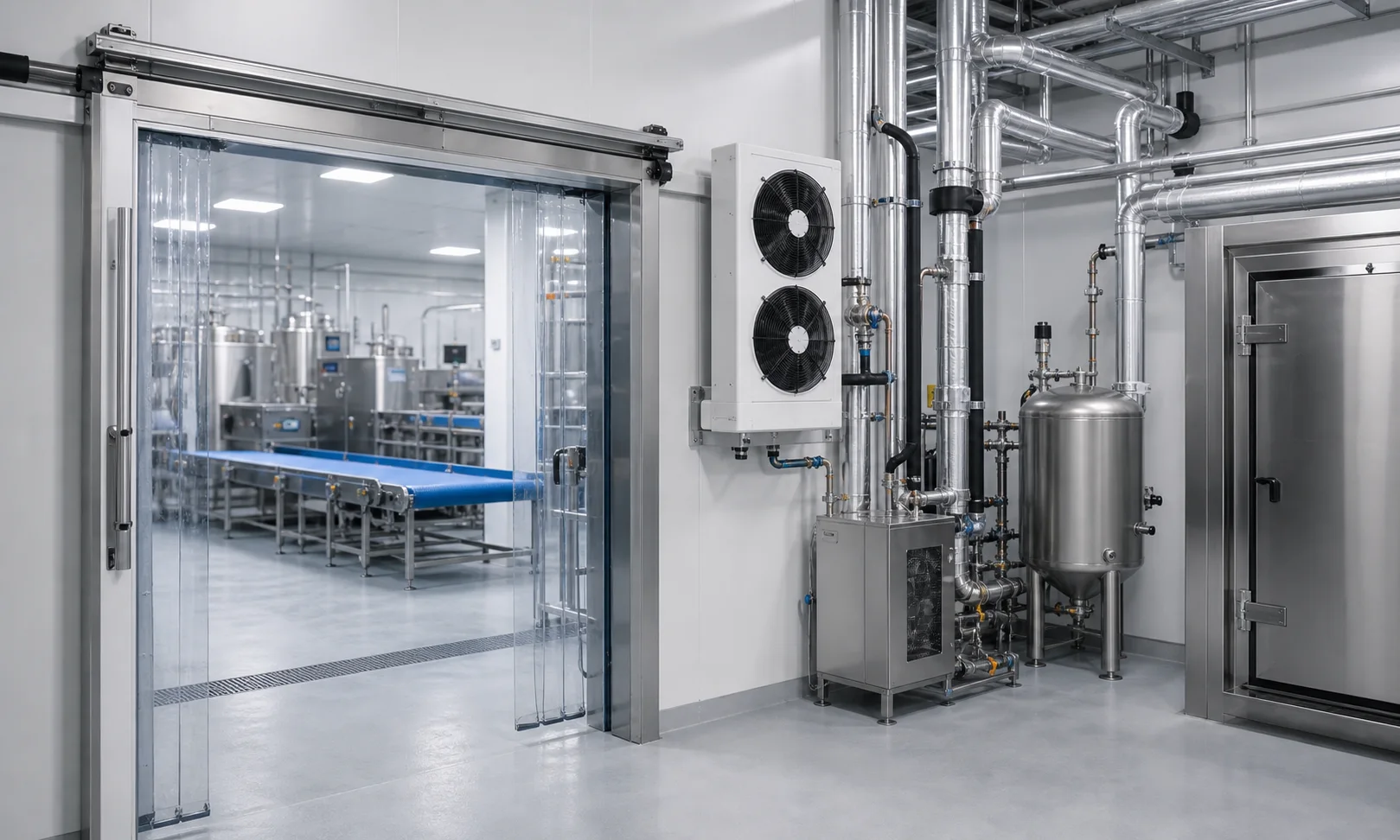 Edelstahlverarbeitung in einer Lebensmittelproduktion mit klar getrennten Temperaturzonen und sichtbarer Prozesskälte-Infrastruktur