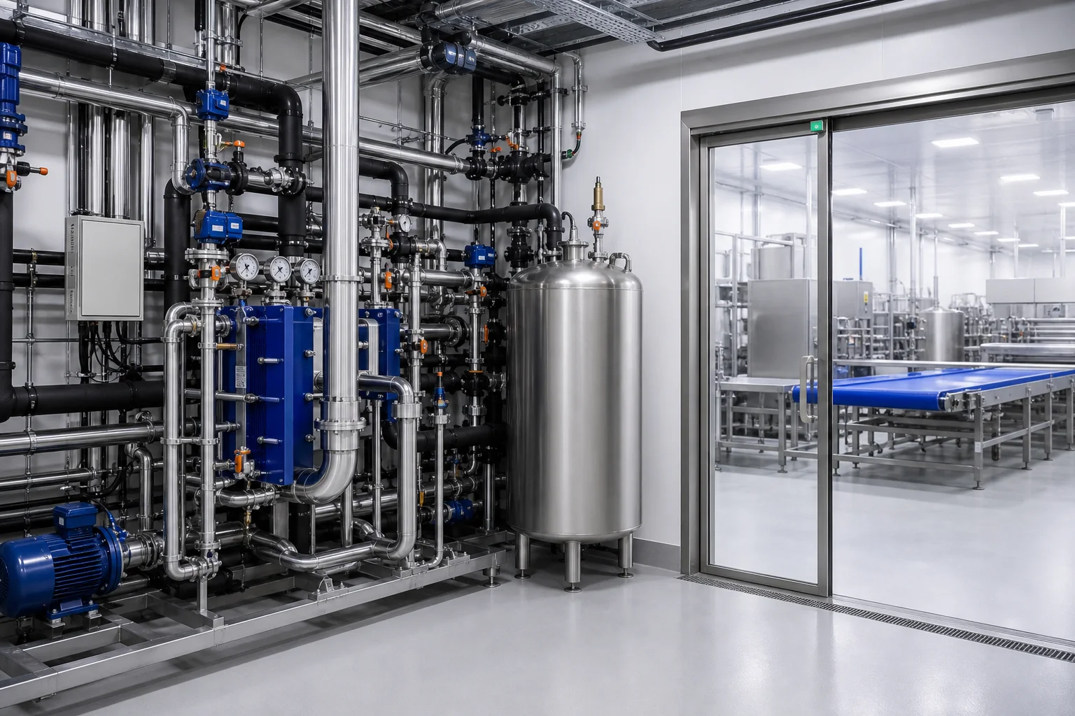Sauberer Technikbereich einer Lebensmittelproduktion mit isolierten Leitungen, Tropfwasserschutz und gut erreichbaren Servicezonen