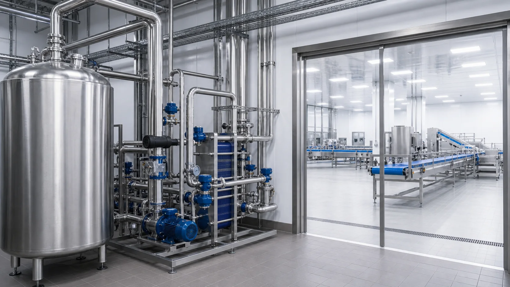 Moderne Prozesskühlung in einer Lebensmittelproduktion mit Edelstahlleitungen, Puffertank, sauberem Technikraum und gekennzeichneten Produktionszonen