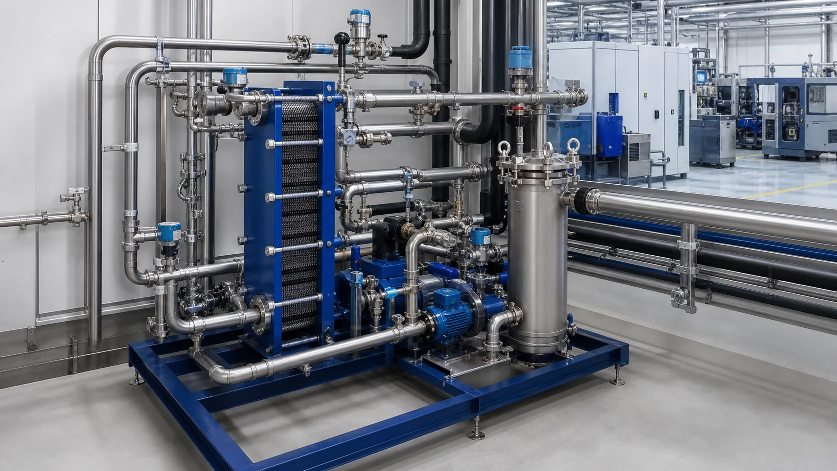 Technische Prozesskuehlanlage mit getrennten Kreisen fuer Emulsion und Maschinenkuehlung in einer Produktionshalle