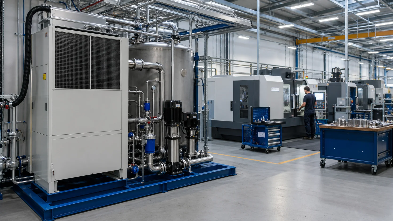 Industriehalle mit CNC-Maschinen und zentralem Prozesskuehl-Chiller fuer die Metallbearbeitung