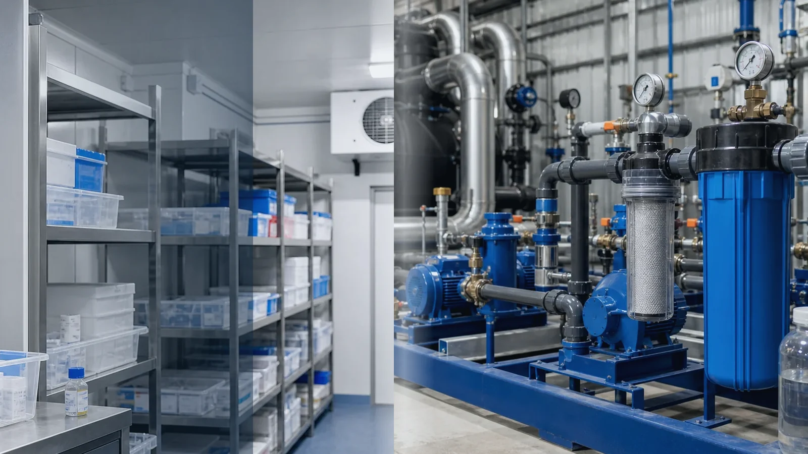 Technikraum eines Pharma- oder Laborbetriebs mit Prozesskuehlung, Pufferspeicher und digitalem Monitoring