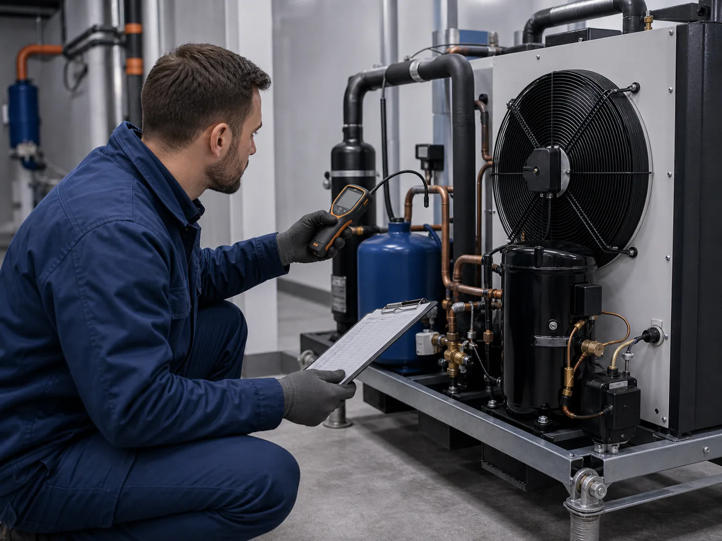 Service-Techniker führt eine Dichtheits- und Sichtprüfung an einem kompakten R290-Kälteaggregat durch; Messgerät und Protokoll liegen bereit