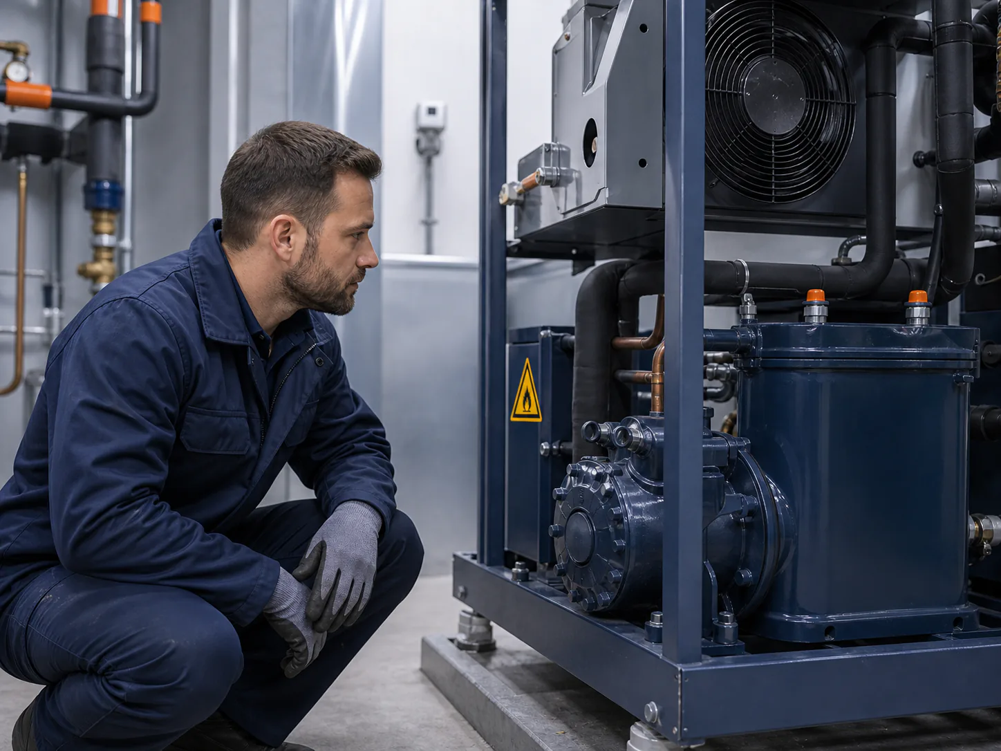 Gewerbliche Kühlanlage im Technikbereich; Service-Techniker führt eine Sichtprüfung und Sicherheitskontrolle durch