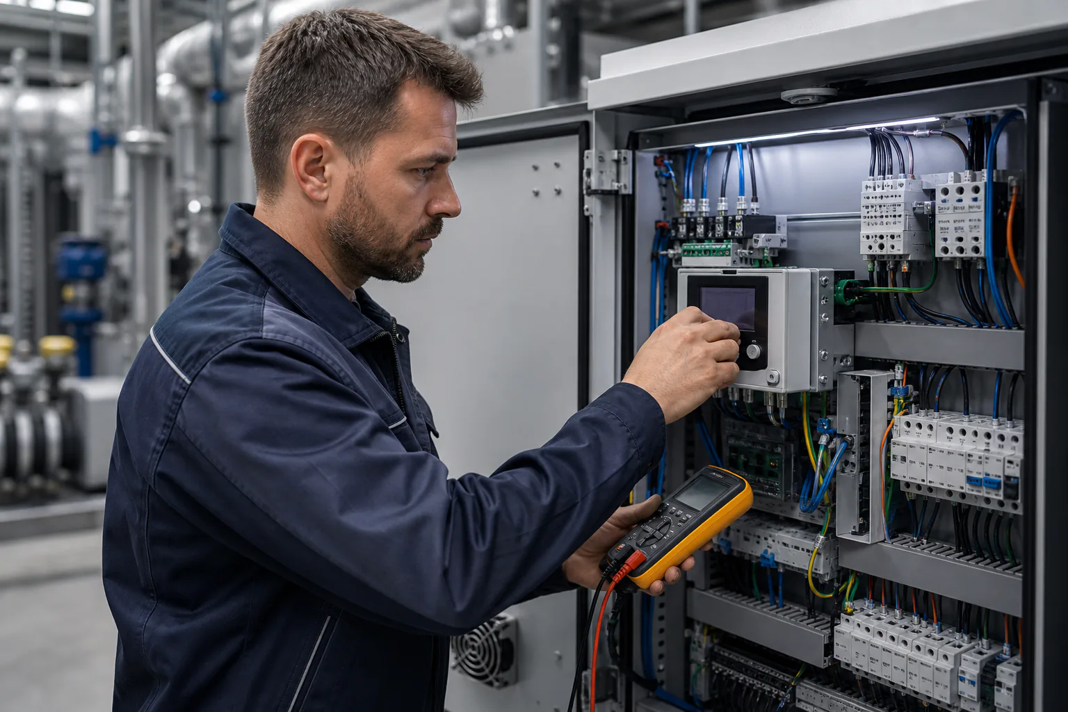 Techniker prüft Parameter an einem Schaltschrank oder Controller einer Kälteanlage und dokumentiert die Einstellungen