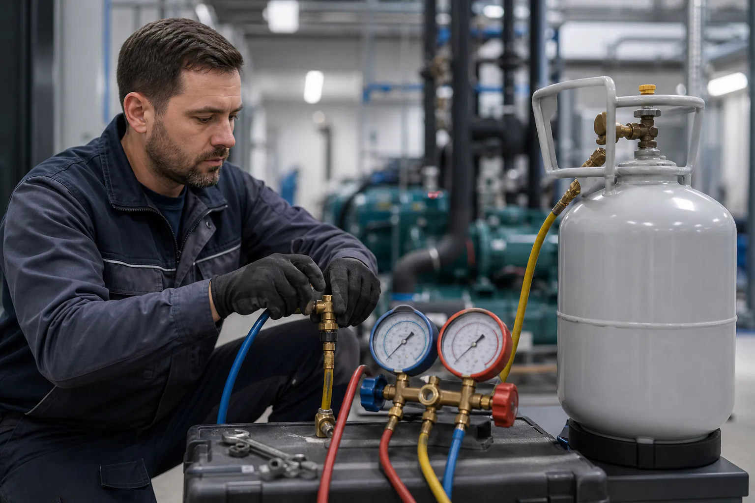 Techniker arbeitet an einer gewerblichen Kälteanlage und bereitet eine Kältemittel-Umstellung mit Messgeräten und Dokumentation vor